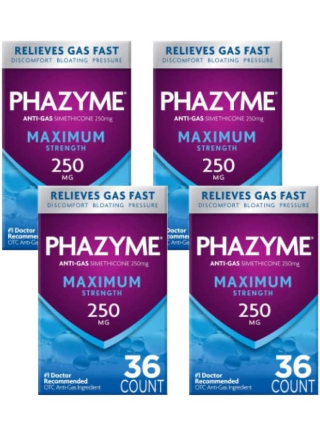 Phazyme Maximum Strength Gas and Bloating Relief | 250 mg Simethicone | 36 Fast GELS | Pack of 4 - Image 1